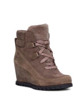 Ugg Valory Mole Brown Suede Shearling-Lined Wedge Boots